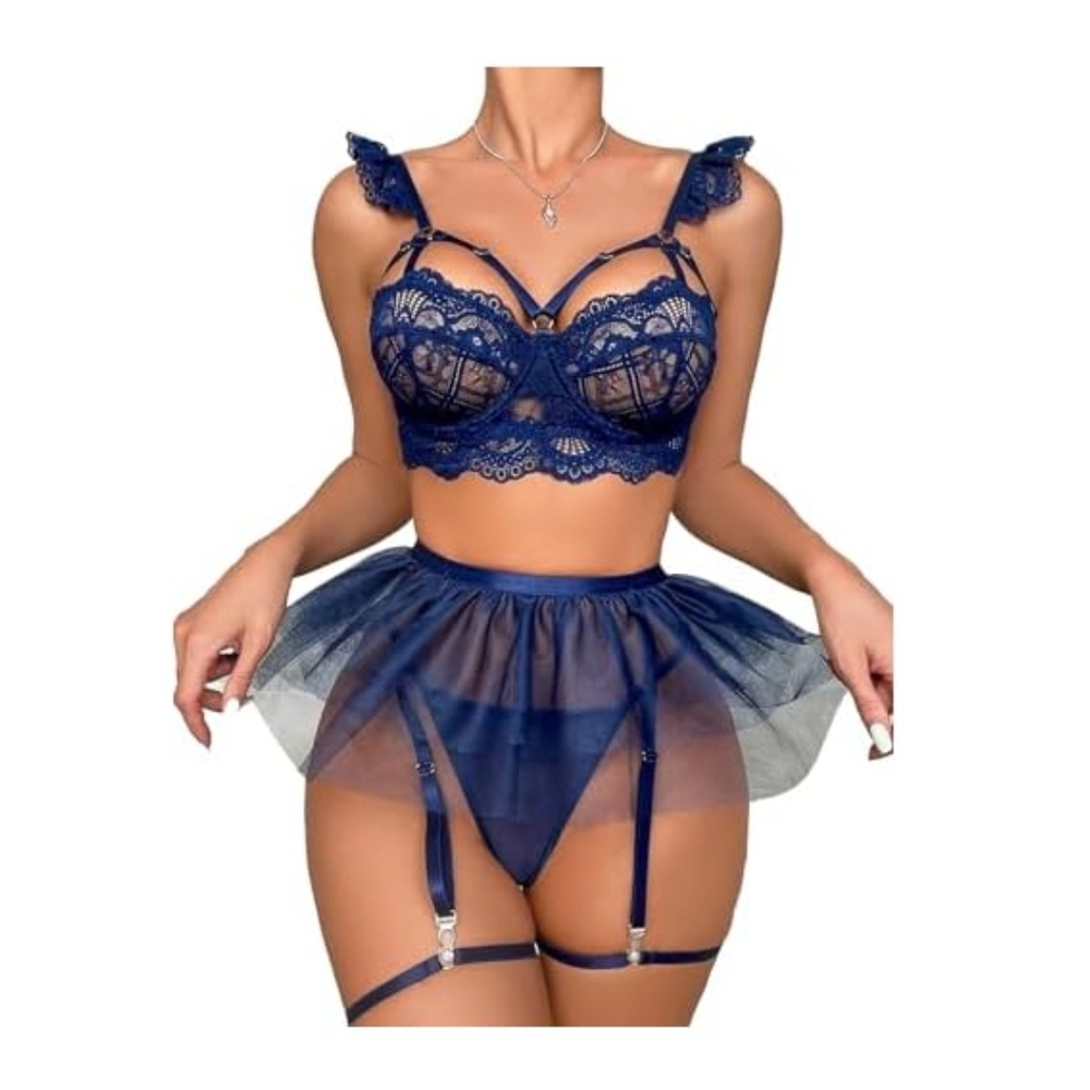 Navy Blue Lace Bra and Skirt Set
